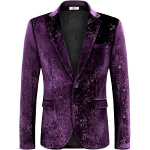 imageCOOFANDY Mens Velvet Blazer Notched Lapel Velour Suit Jacket One Button Tuxedo Jackets for Wedding Prom Party DinnerPurple Retro Floral