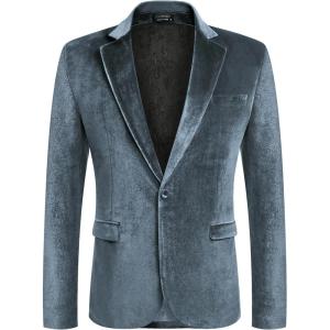 imageCOOFANDY Mens Velvet Blazer Notched Lapel Velour Suit Jacket One Button Tuxedo Jackets for Wedding Prom Party DinnerStone Blue