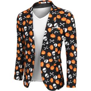 imageCOOFANDY Mens Christmas Blazer Jacket One Button Halloween Sport Coat Christmas Party Holiday JacketHalloween Blazer  Pumpkin  Skull