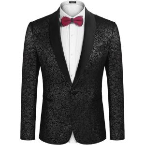 imageCOOFANDY Mens Floral Tuxedo Jacket Jacquard Suit Jacket Slim Fit Blazer for Wedding Prom DinnerType02black