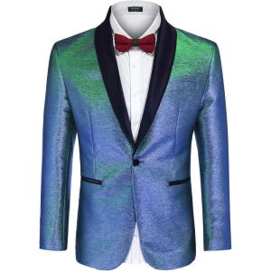 imageCOOFANDY Mens Tuxedo Jacket Slim Fit Shawl Lapel Blazer One Button Suit Jackets for Party Prom Wedding DinnerShiny Blue