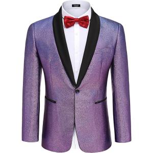 imageCOOFANDY Mens Tuxedo Jacket Slim Fit Shawl Lapel Blazer One Button Suit Jackets for Party Prom Wedding DinnerShiny Purple