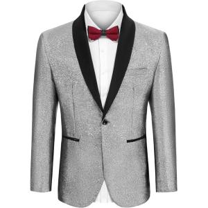 imageCOOFANDY Mens Tuxedo Jacket Slim Fit Shawl Lapel Blazer One Button Suit Jackets for Party Prom Wedding DinnerShiny Silver