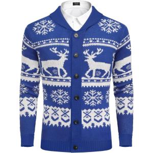 imageCOOFANDY Mens Christmas Cardigans Ugly Xmas Sweaters Reindeer Snowflake Shawl Collar Knitted Cardigan SweaterBluewhite Snowflake Elk