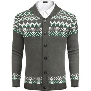 imageCOOFANDY Mens Christmas Cardigans Ugly Xmas Sweaters Reindeer Snowflake Shawl Collar Knitted Cardigan SweaterGraygreenwhite