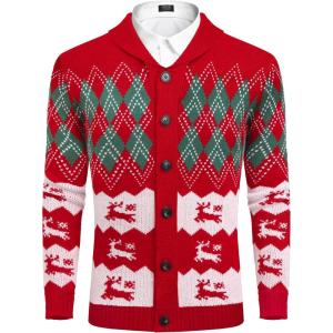 imageCOOFANDY Mens Christmas Cardigans Ugly Xmas Sweaters Reindeer Snowflake Shawl Collar Knitted Cardigan SweaterRed Elk Green White
