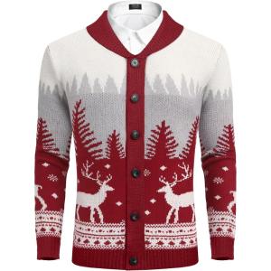 imageCOOFANDY Mens Christmas Cardigans Ugly Xmas Sweaters Reindeer Snowflake Shawl Collar Knitted Cardigan SweaterRedwhitegray