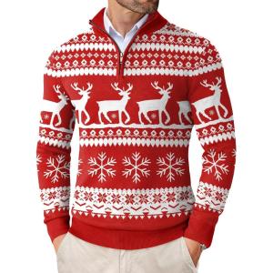 imageCOOFANDY Mens Quarter Zip Up Sweaters Slim Fit Lightweight Mock Neck Pullover Casual Polo SweatersChristmas Red  Elk