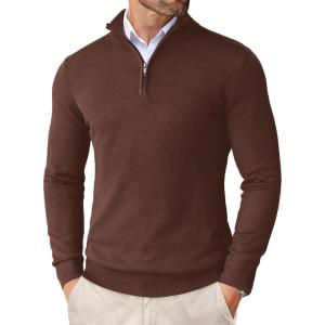 imageCOOFANDY Mens Quarter Zip Up Sweaters Slim Fit Lightweight Mock Neck Pullover Casual Polo SweatersDark Brown