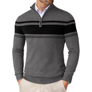 imageCOOFANDY Mens Quarter Zip Up Sweaters Slim Fit Lightweight Mock Neck Pullover Casual Polo SweatersDark Heather Grey  Black Stripe