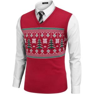 imageCOOFANDY Mens Sleeveless Sweater Vest Lightweight VNeck Cotton Vest PulloverChristmas Tree  Red