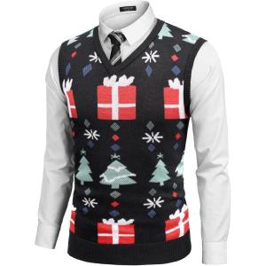 imageCOOFANDY Mens Sleeveless Sweater Vest Lightweight VNeck Cotton Vest PulloverColorful Christmas Tree