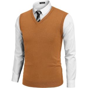 imageCOOFANDY Mens Sleeveless Sweater Vest Lightweight VNeck Cotton Vest PulloverLight Brown
