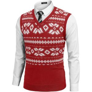 imageCOOFANDY Mens Sleeveless Sweater Vest Lightweight VNeck Cotton Vest PulloverRed and White Snowflakes