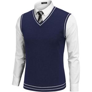 imageCOOFANDY Mens Sleeveless Sweater Vest Lightweight VNeck Cotton Vest PulloverStripes Navy Blue