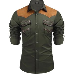 imageCOOFANDY Mens Western Cowboy Shirt Embroidered Long Sleeve Slim Fit Casual Cotton Button Down Hippie Shirts with PocketsArmy Green