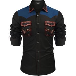 imageCOOFANDY Mens Western Cowboy Shirt Embroidered Long Sleeve Slim Fit Casual Cotton Button Down Hippie Shirts with PocketsBlack  Blue