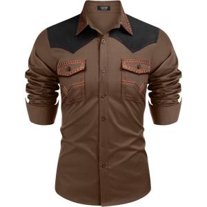imageCOOFANDY Mens Western Cowboy Shirt Embroidered Long Sleeve Slim Fit Casual Cotton Button Down Hippie Shirts with PocketsBrown  Black