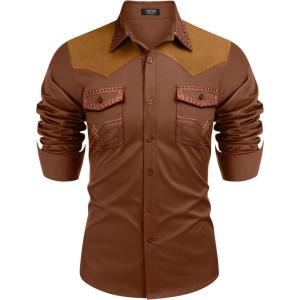 imageCOOFANDY Mens Western Cowboy Shirt Embroidered Long Sleeve Slim Fit Casual Cotton Button Down Hippie Shirts with PocketsCoffee