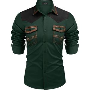 imageCOOFANDY Mens Western Cowboy Shirt Embroidered Long Sleeve Slim Fit Casual Cotton Button Down Hippie Shirts with PocketsLake Green