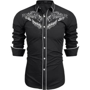 imageCOOFANDY Mens Western Cowboy Shirts Long Sleeve Embroidered Shirt Slim Fit Casual Button Down ShirtsBlack Leaf