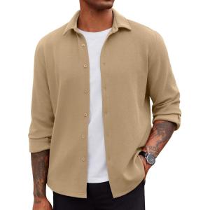 imageCOOFANDY Mens Overshirt Shacket Jacket Mens Textured Button Down Long Sleeve Shirts Fashion JacketKhaki