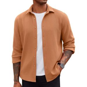 imageCOOFANDY Mens Overshirt Shacket Jacket Mens Textured Button Down Long Sleeve Shirts Fashion JacketLight Brown