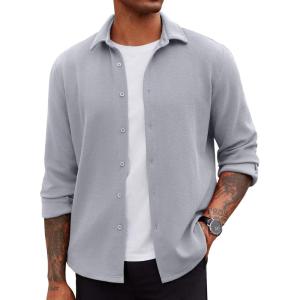 imageCOOFANDY Mens Overshirt Shacket Jacket Mens Textured Button Down Long Sleeve Shirts Fashion JacketLight Grey