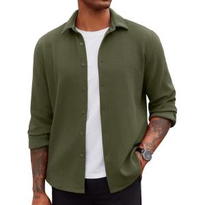 imageCOOFANDY Mens Overshirt Shacket Jacket Mens Textured Button Down Long Sleeve Shirts Fashion JacketOlive Green