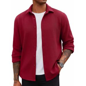 imageCOOFANDY Mens Overshirt Shacket Jacket Mens Textured Button Down Long Sleeve Shirts Fashion JacketWine Red