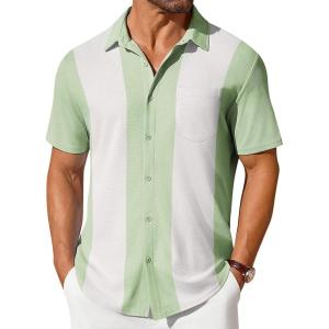 imageCOOFANDY Mens Short Sleeve Button Down Shirt Casual Summer Beach Shirt Waffle Knit Shirts Wrinkle Free Untucked ShirtBlue White