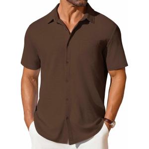 imageCOOFANDY Mens Short Sleeve Button Down Shirt Casual Summer Beach Shirt Waffle Knit Shirts Wrinkle Free Untucked ShirtBrown