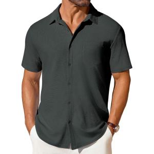 imageCOOFANDY Mens Short Sleeve Button Down Shirt Casual Summer Beach Shirt Waffle Knit Shirts Wrinkle Free Untucked ShirtDark Grey
