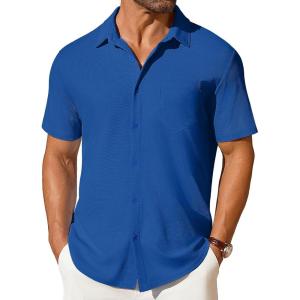 imageCOOFANDY Mens Short Sleeve Button Down Shirt Casual Summer Beach Shirt Waffle Knit Shirts Wrinkle Free Untucked ShirtDeep Blue