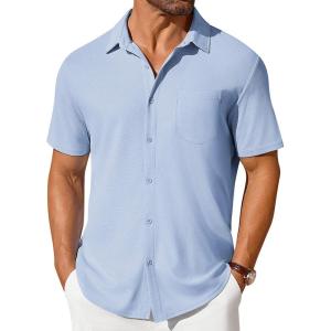 imageCOOFANDY Mens Short Sleeve Button Down Shirt Casual Summer Beach Shirt Waffle Knit Shirts Wrinkle Free Untucked ShirtLight Blue