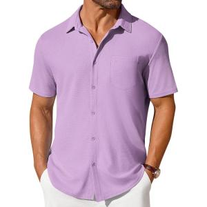 imageCOOFANDY Mens Short Sleeve Button Down Shirt Casual Summer Beach Shirt Waffle Knit Shirts Wrinkle Free Untucked ShirtLight Purple