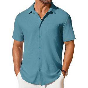 imageCOOFANDY Mens Short Sleeve Button Down Shirt Casual Summer Beach Shirt Waffle Knit Shirts Wrinkle Free Untucked ShirtPeacock Blue