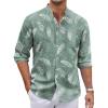 imageCOOFANDY Mens Oxford Shirts Long Sleeve Casual Button Down Shirts Band Collar Dress Shirt with PocketPalm Leaf Green