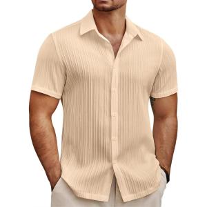 imageCOOFANDY Mens Beach Shirt Short Sleeve Button Down Shirts Casual Cuban Collared Summer Vacation Tropical ShirtsLight Khaki
