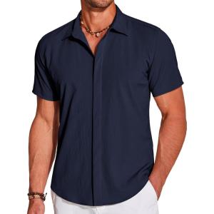 imageCOOFANDY Mens Beach Shirt Short Sleeve Button Down Shirts Casual Cuban Collared Summer Vacation Tropical ShirtsMedieval Blue