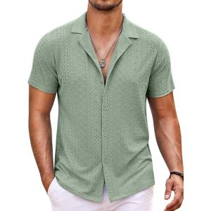 imageCOOFANDY Mens Beach Shirt Short Sleeve Button Down Shirts Casual Cuban Collared Summer Vacation Tropical ShirtsMoss Green