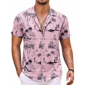 imageCOOFANDY Mens Beach Shirt Short Sleeve Button Down Shirts Casual Cuban Collared Summer Vacation Tropical ShirtsPinkcoco