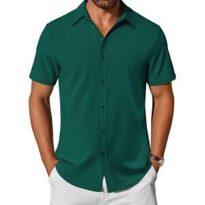 imageCOOFANDY Mens Casual Shirts Short Sleeve Button Down Shirt Wrinkle Free Summer ShirtLake Green