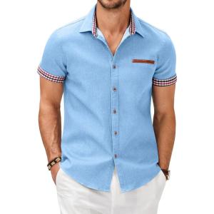 imageCOOFANDY Mens Casual Short Sleeve Button Down Dress Shirt Plaid Collar Denim Work ShirtsA  Clear Blue  No Pocket