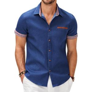 imageCOOFANDY Mens Casual Short Sleeve Button Down Dress Shirt Plaid Collar Denim Work ShirtsA  Dark Blue  No Pocket
