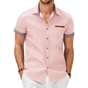 imageCOOFANDY Mens Casual Short Sleeve Button Down Dress Shirt Plaid Collar Denim Work ShirtsA  Pink  No Pocket