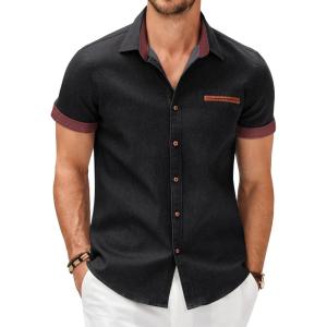 imageCOOFANDY Mens Casual Short Sleeve Button Down Dress Shirt Plaid Collar Denim Work ShirtsB  Black  No Pocket