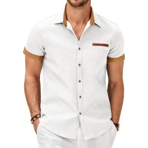 imageCOOFANDY Mens Casual Short Sleeve Button Down Dress Shirt Plaid Collar Denim Work ShirtsB White  No Pocket