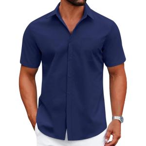 imageCOOFANDY Mens Dress Shirts Short Sleeve Business Casual Shirts Regular Fit Casual Button Down Untucked ShirtsDark Blue