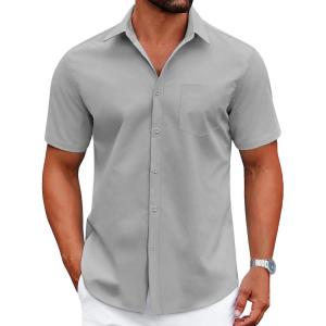 imageCOOFANDY Mens Dress Shirts Short Sleeve Business Casual Shirts Regular Fit Casual Button Down Untucked ShirtsLight Gray